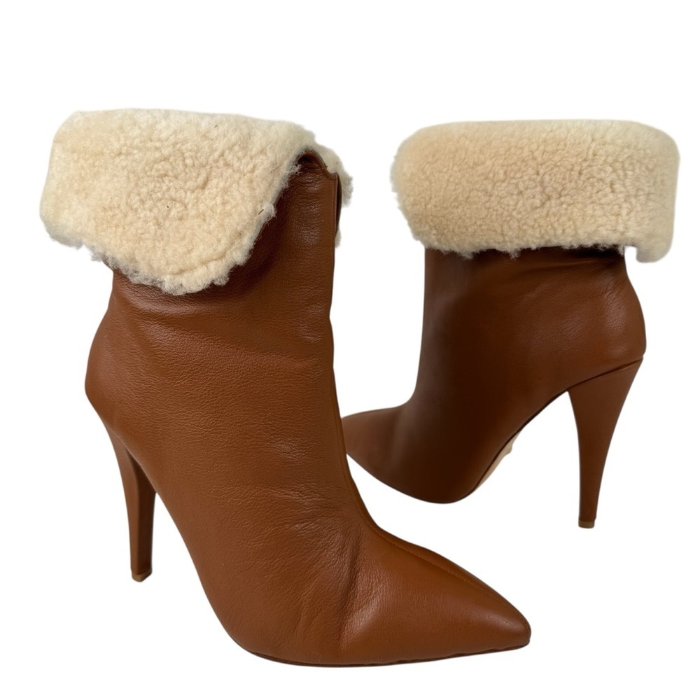 REVOLVE RAYE Austine Brown Leather Shearling Fold Over Stiletto Booties Size 9